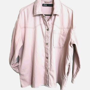 Zara Oversized Lt Pink Sz S Denim Shacket Raw Hem Button Down Lapel Collar